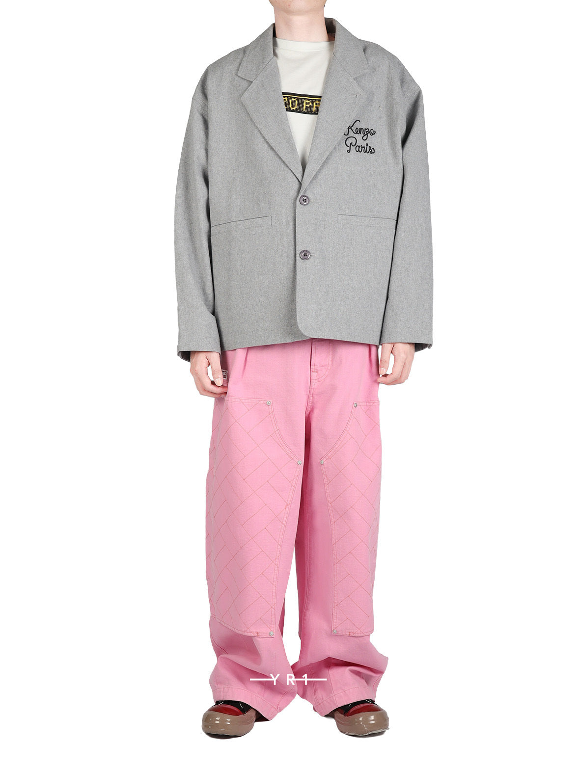 KENZO Paris grey chainstitch workwear jacket with pink pants front view
