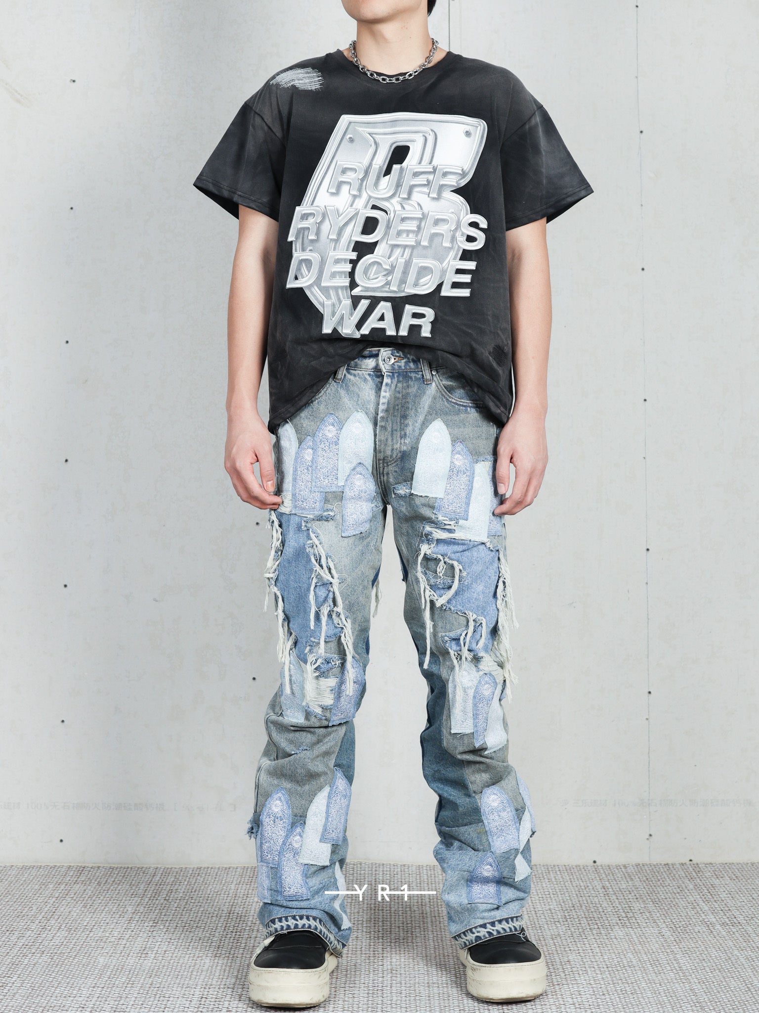 Patched Arch Repaired Blowout Denim WHO DECIDES WAR