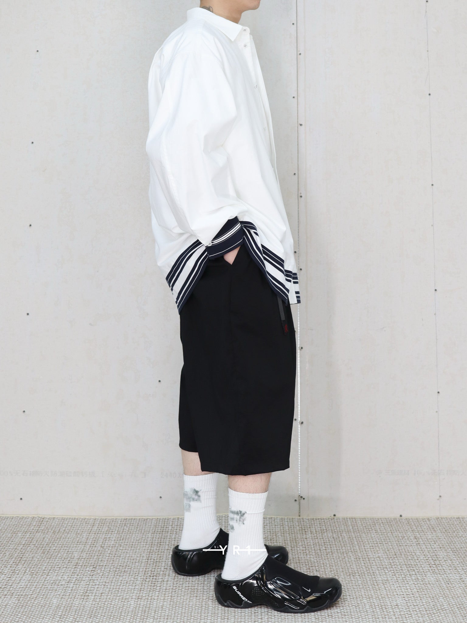 Wide Gusset Sleeve Box Stripe Shirt WHITE MOUNTAINEERING