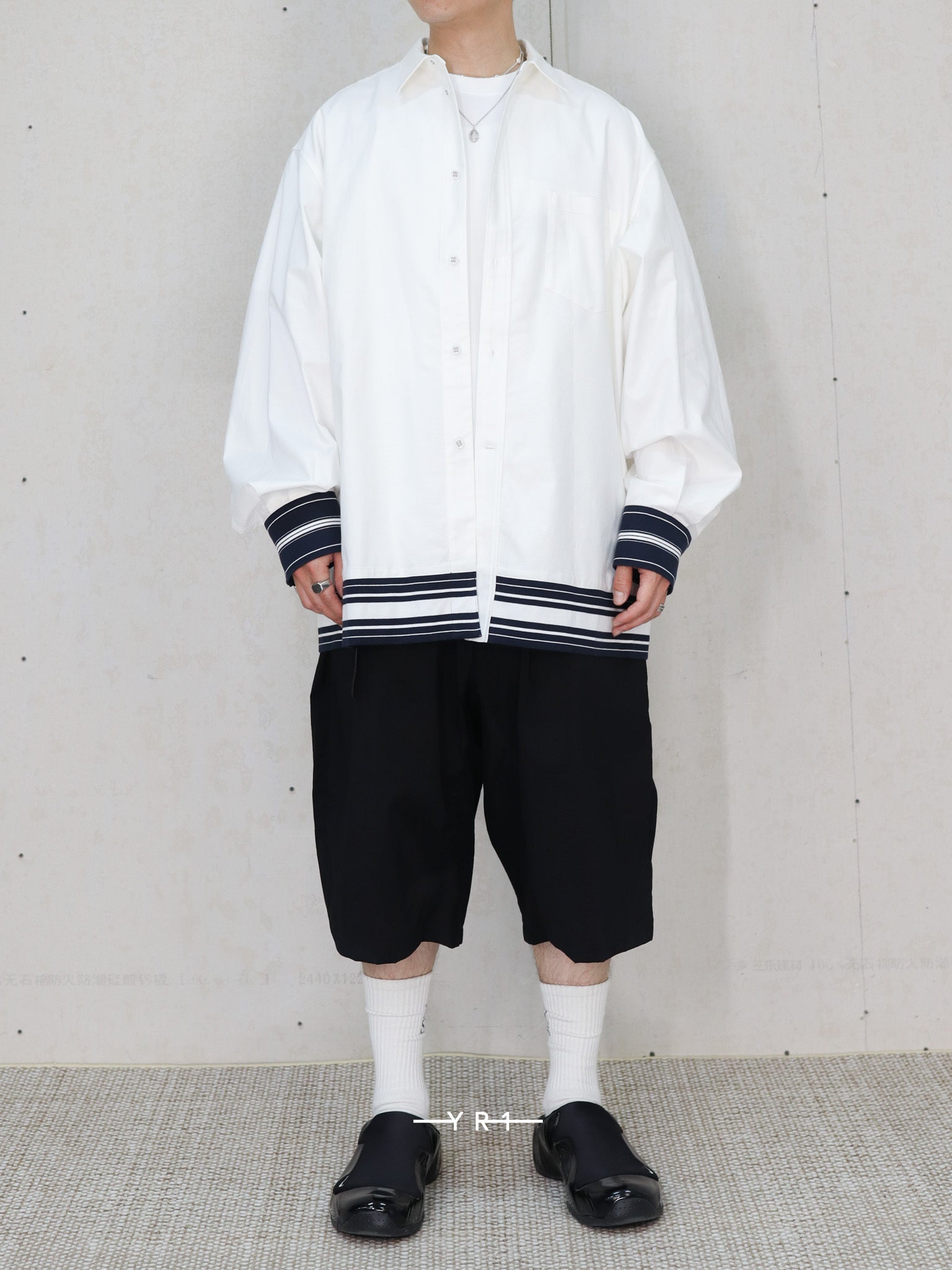 Wide Gusset Sleeve Box Stripe Shirt WHITE MOUNTAINEERING