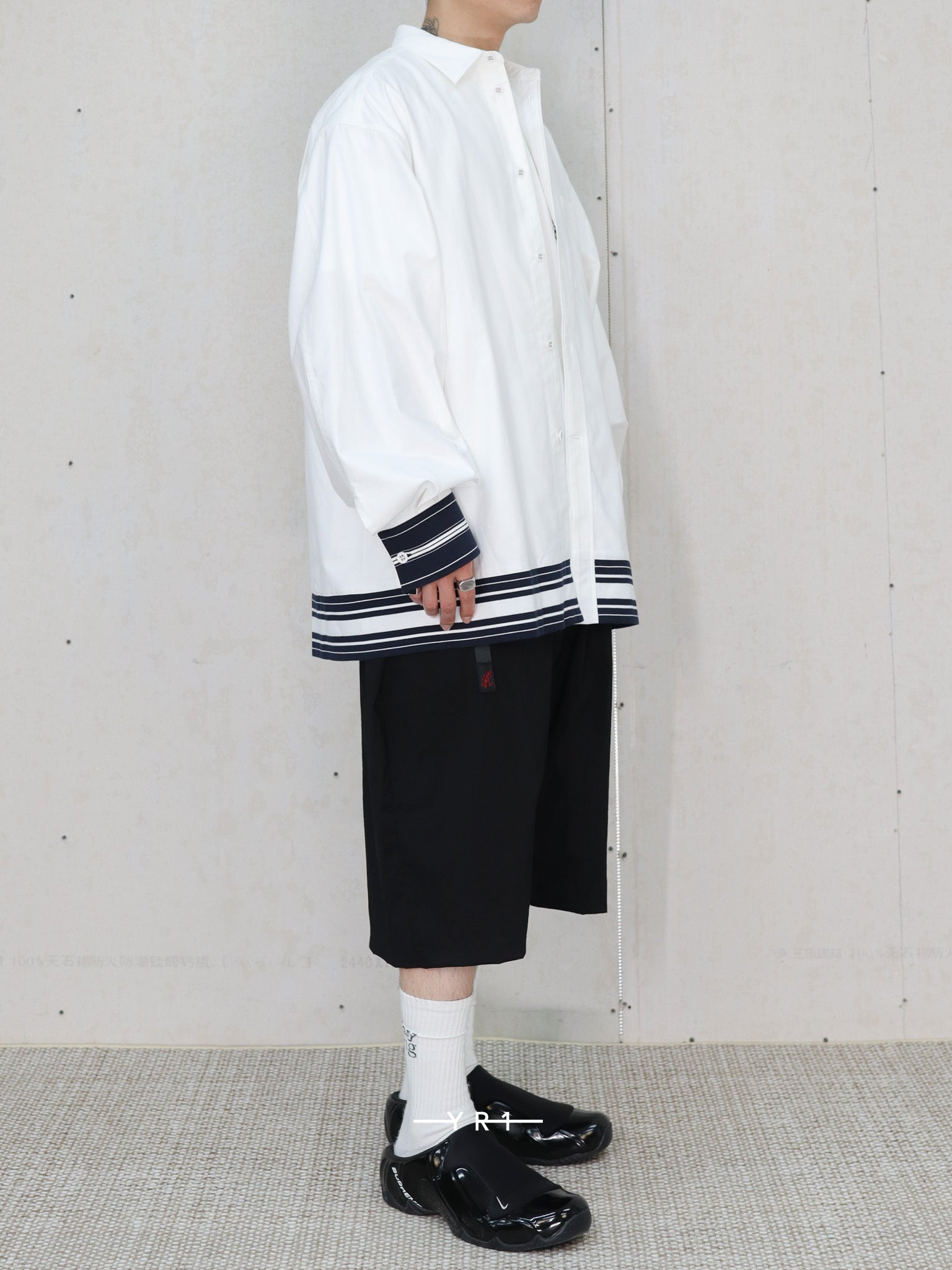 Wide Gusset Sleeve Box Stripe Shirt WHITE MOUNTAINEERING