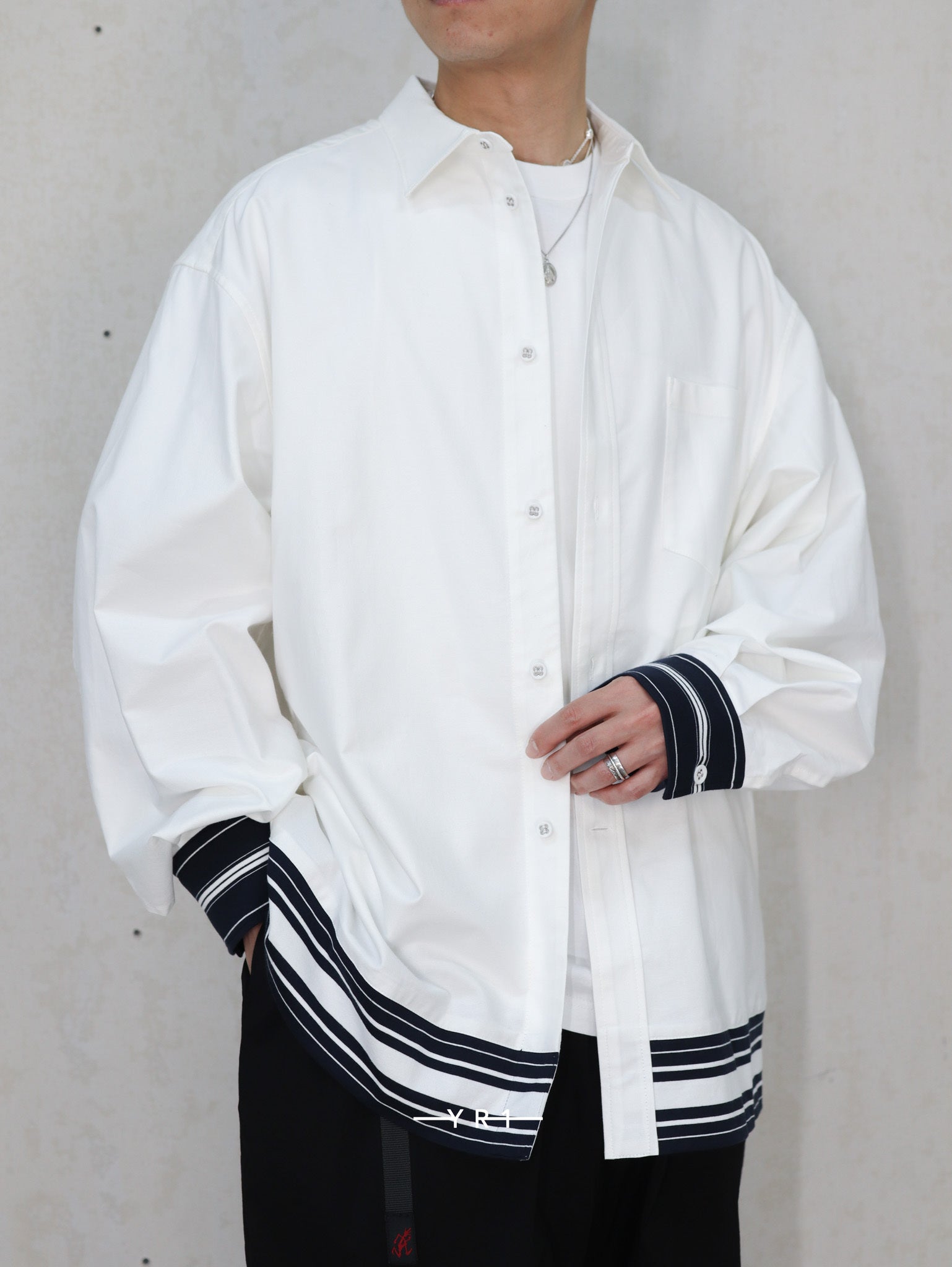 Wide Gusset Sleeve Box Stripe Shirt WHITE MOUNTAINEERING