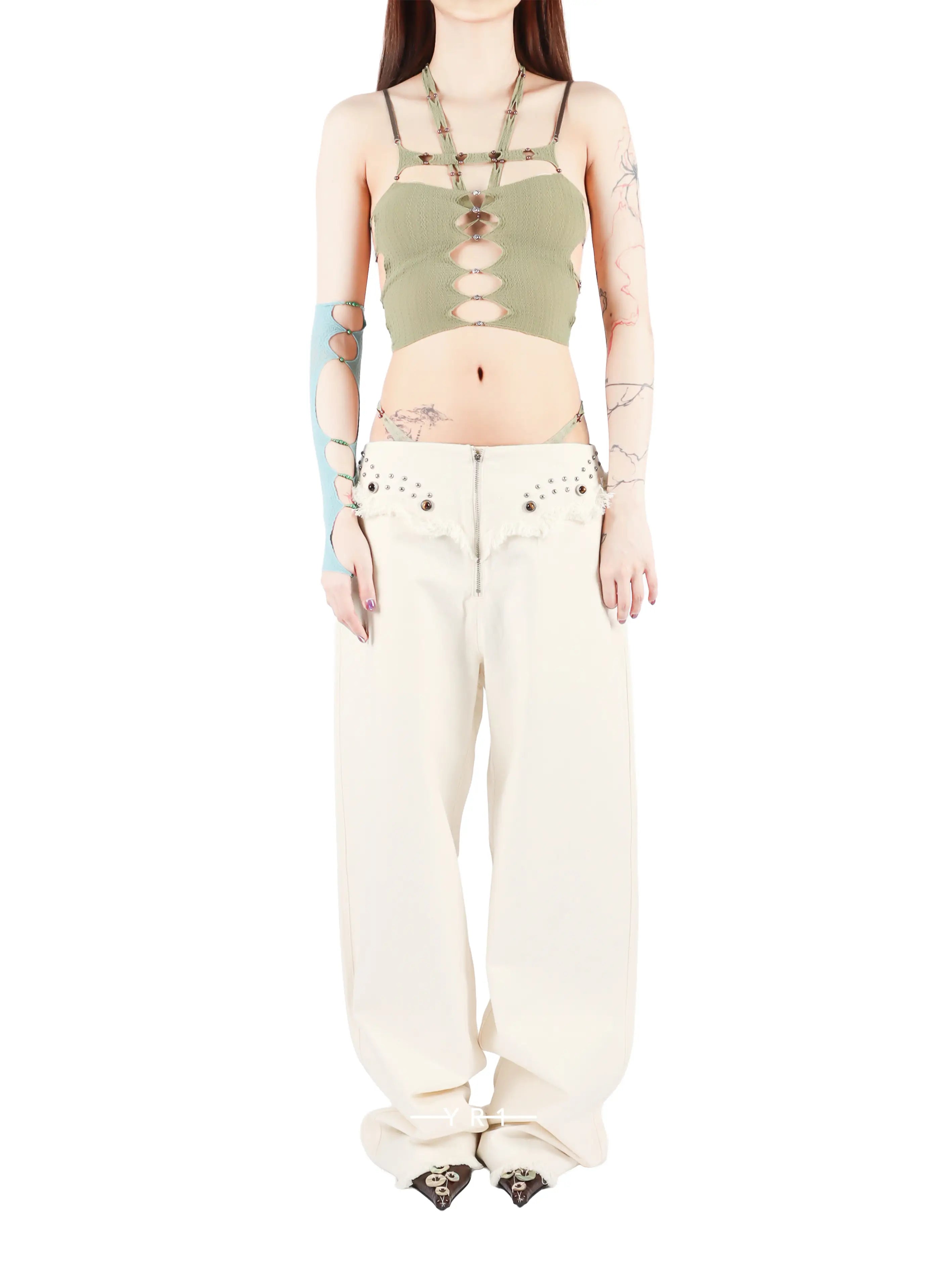 Cutout Thin Strap 3-Panel Button Camisole - Mist Green