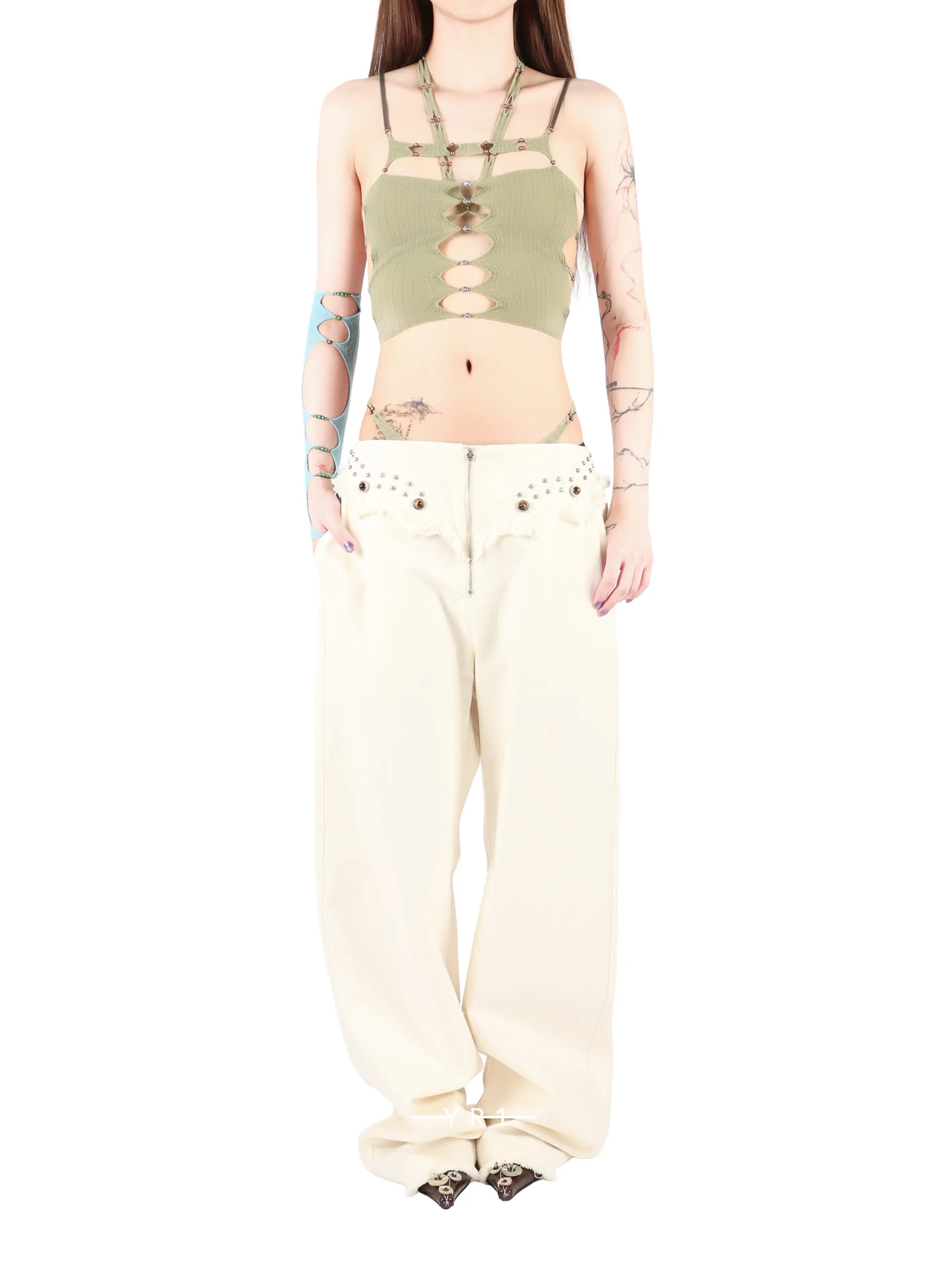 Cutout Thin Strap 3-Panel Button Camisole - Mist Green