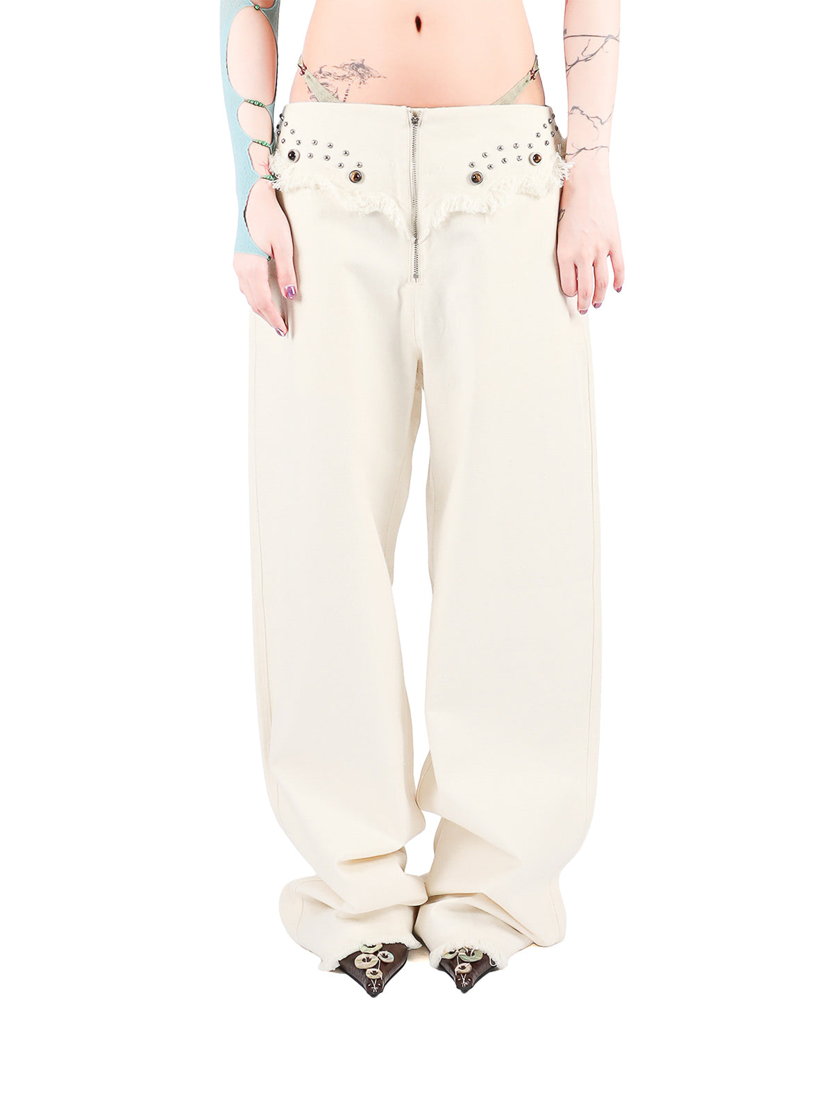Strap Rivet Fringe Curve-Leg Pants