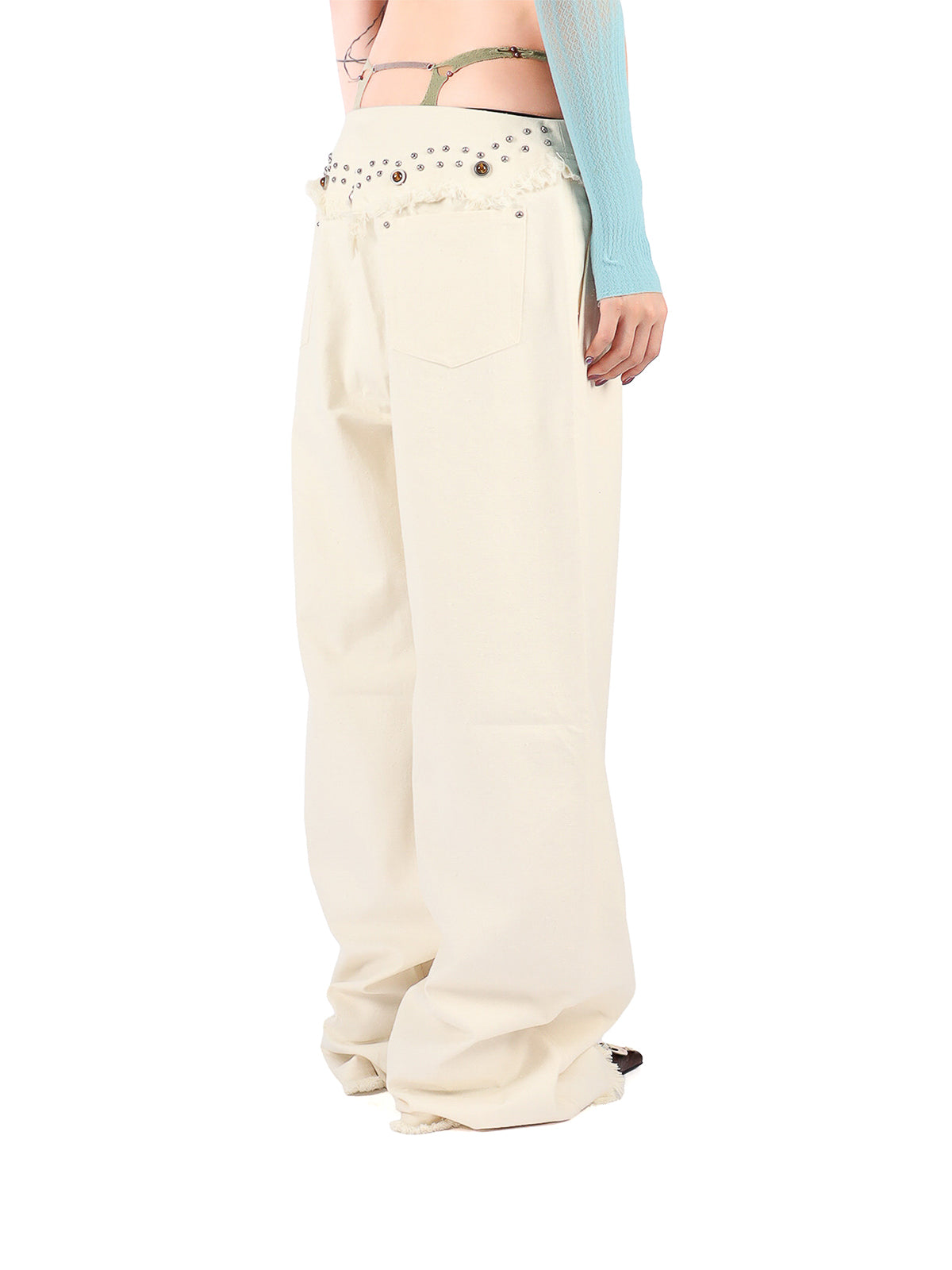 Strap Rivet Fringe Curve-Leg Pants