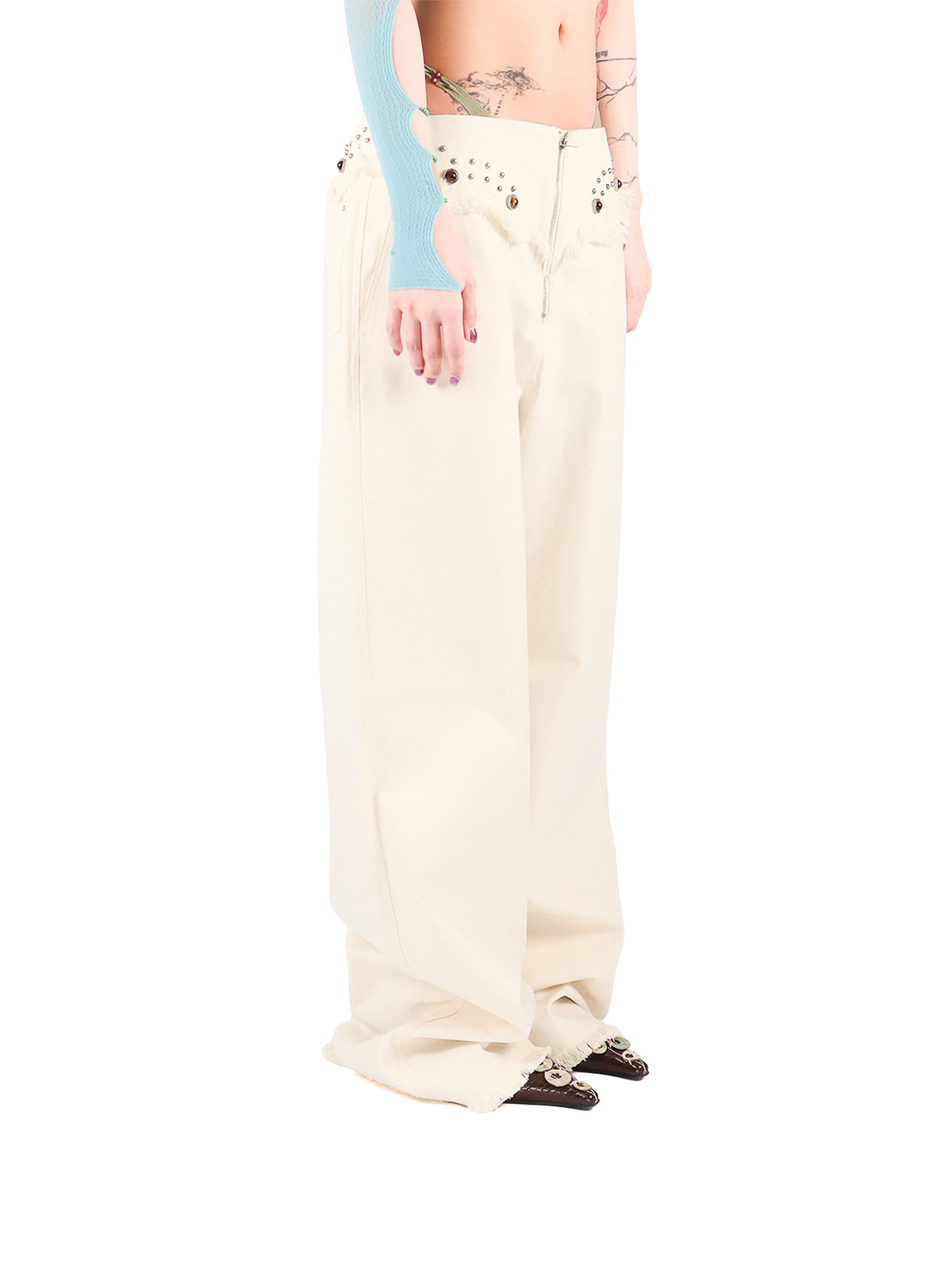 Strap Rivet Fringe Curve-Leg Pants