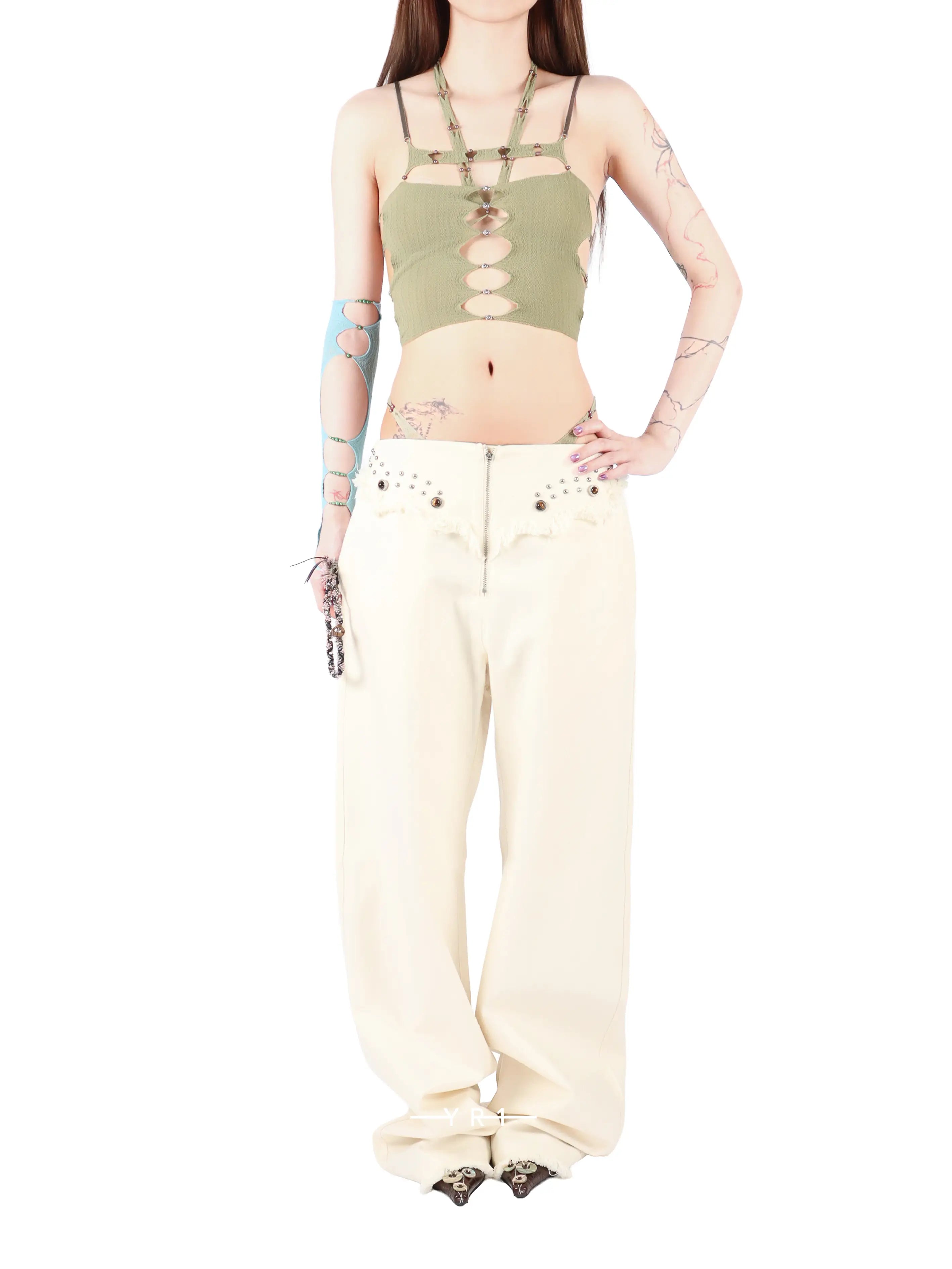 Strap Rivet Fringe Curve-Leg Pants