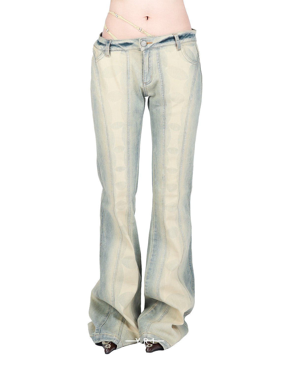 Cowboy printed spaghetti strap asymmetric spliced flared pants