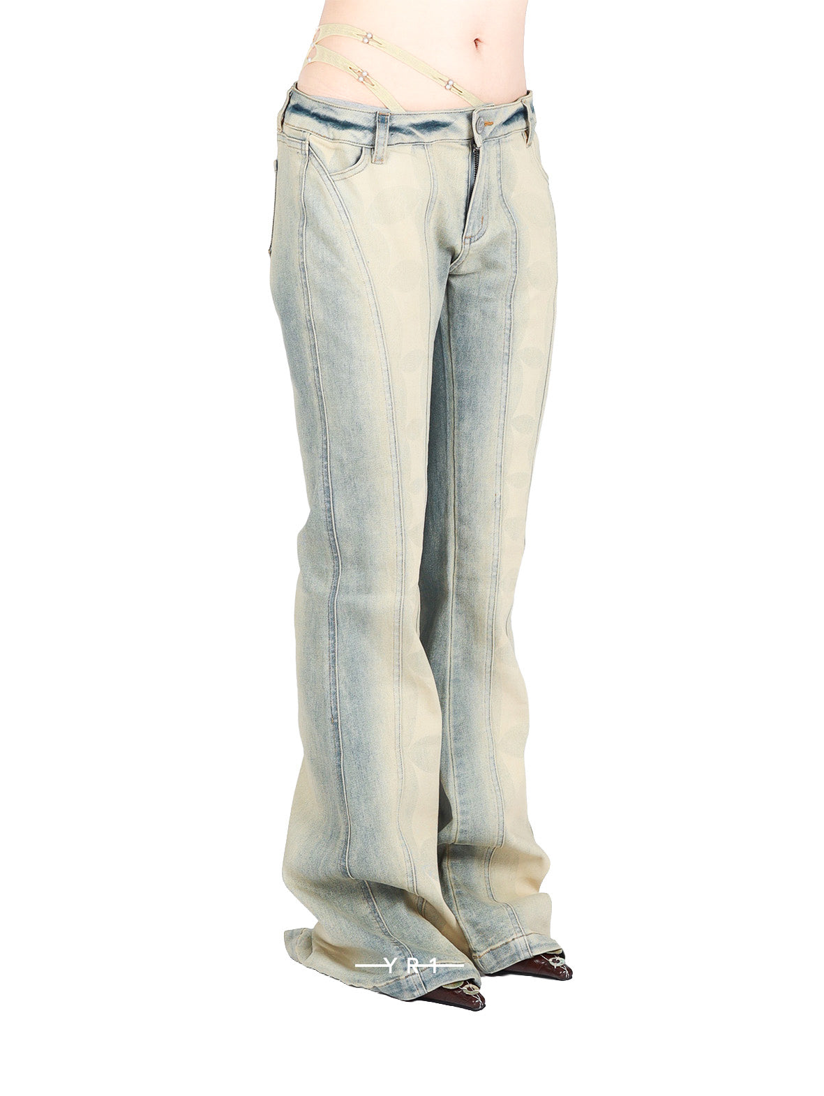 Cowboy printed spaghetti strap asymmetric spliced flared pants