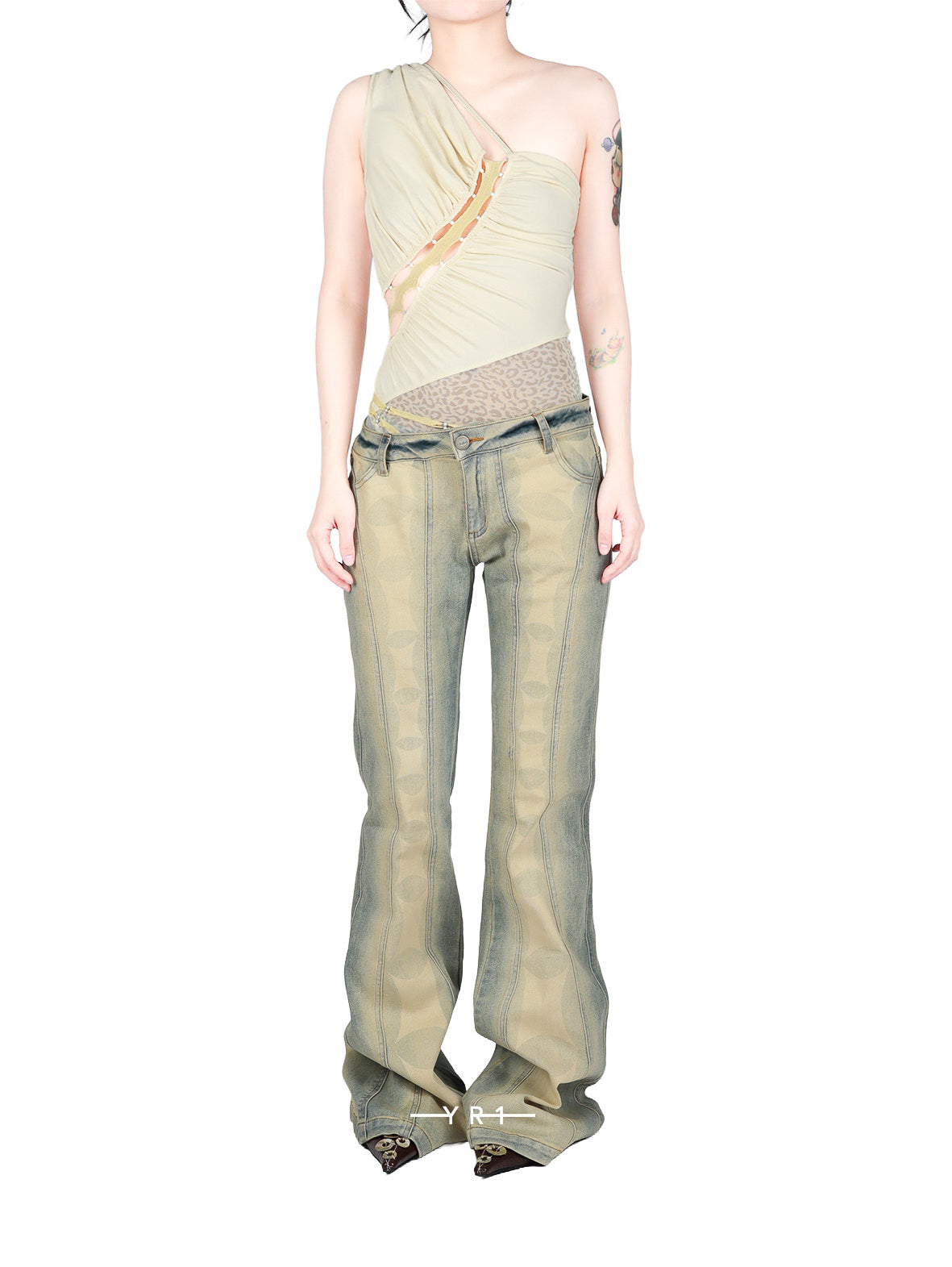 One-shoulder Ruched Paneled Leopard Print Mesh Jumpsuit