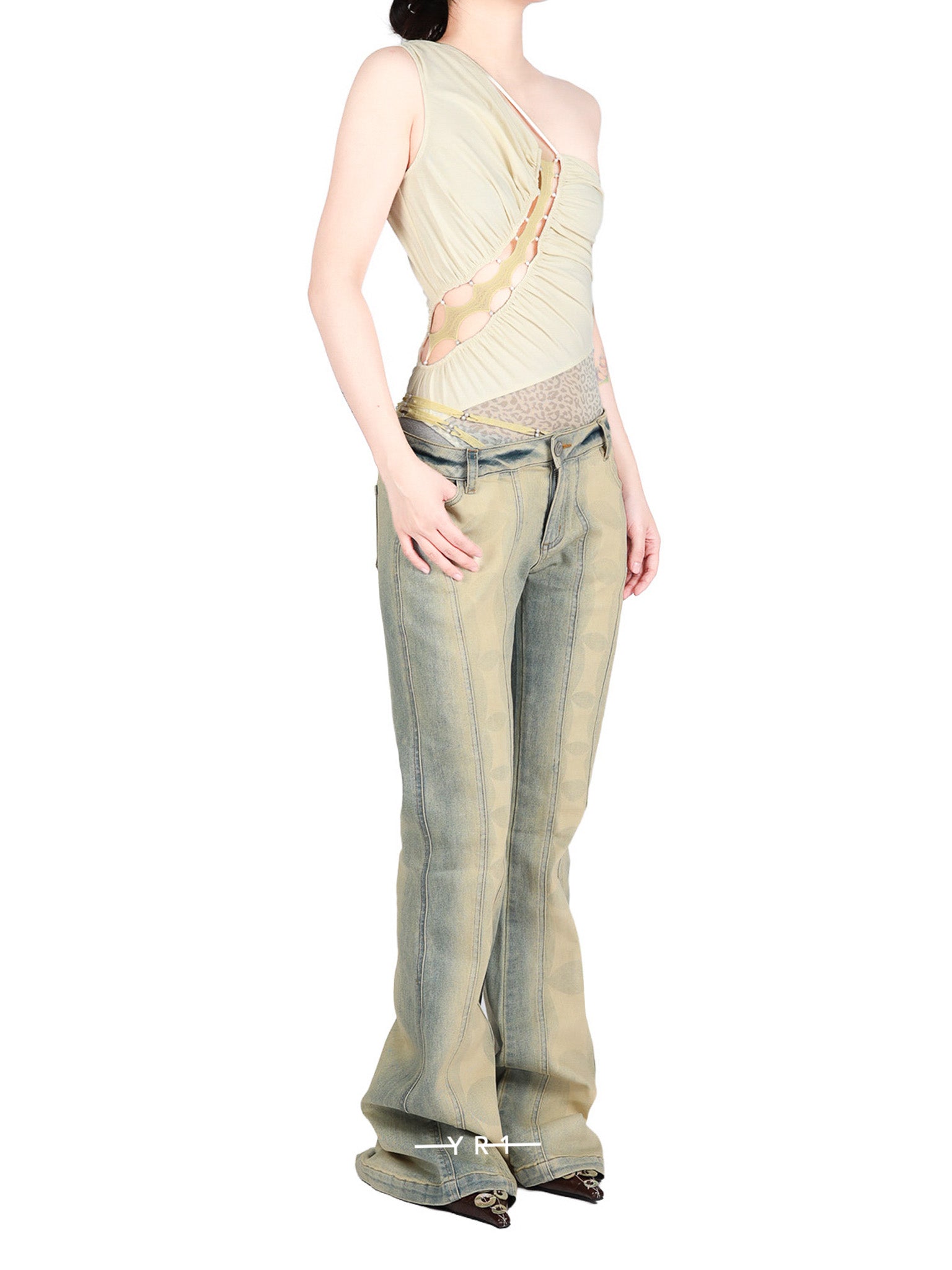 One-shoulder Ruched Paneled Leopard Print Mesh Jumpsuit