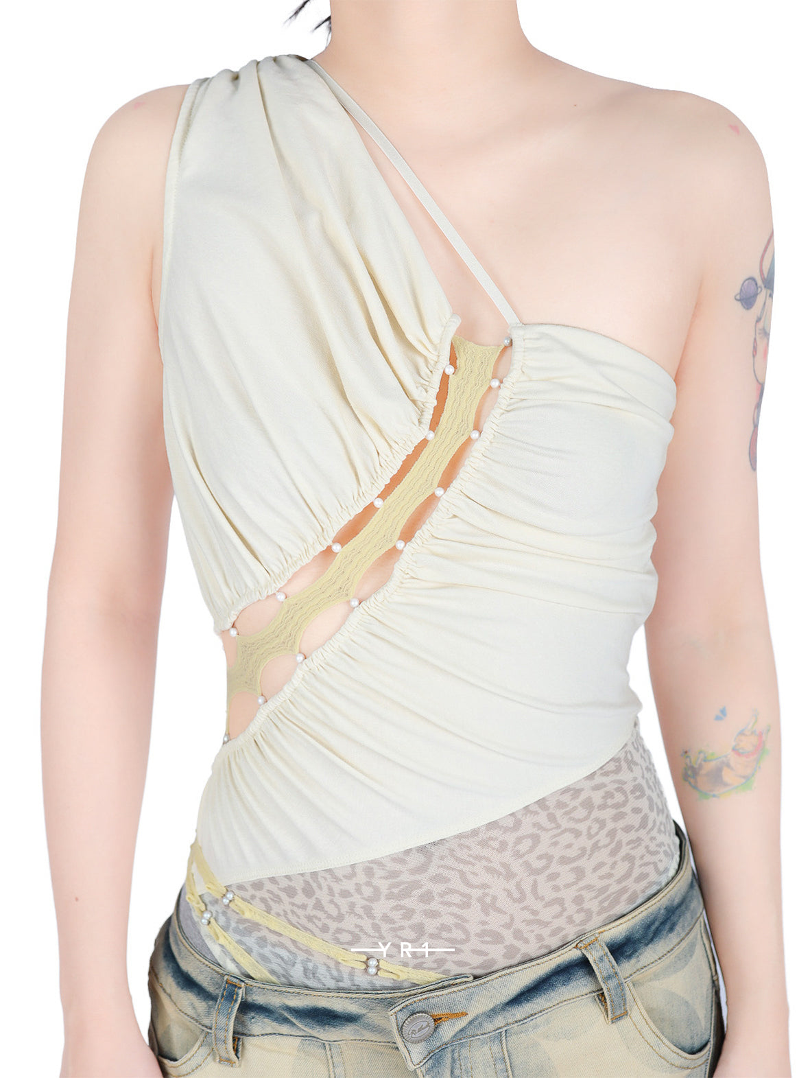 One-shoulder Ruched Paneled Leopard Print Mesh Jumpsuit