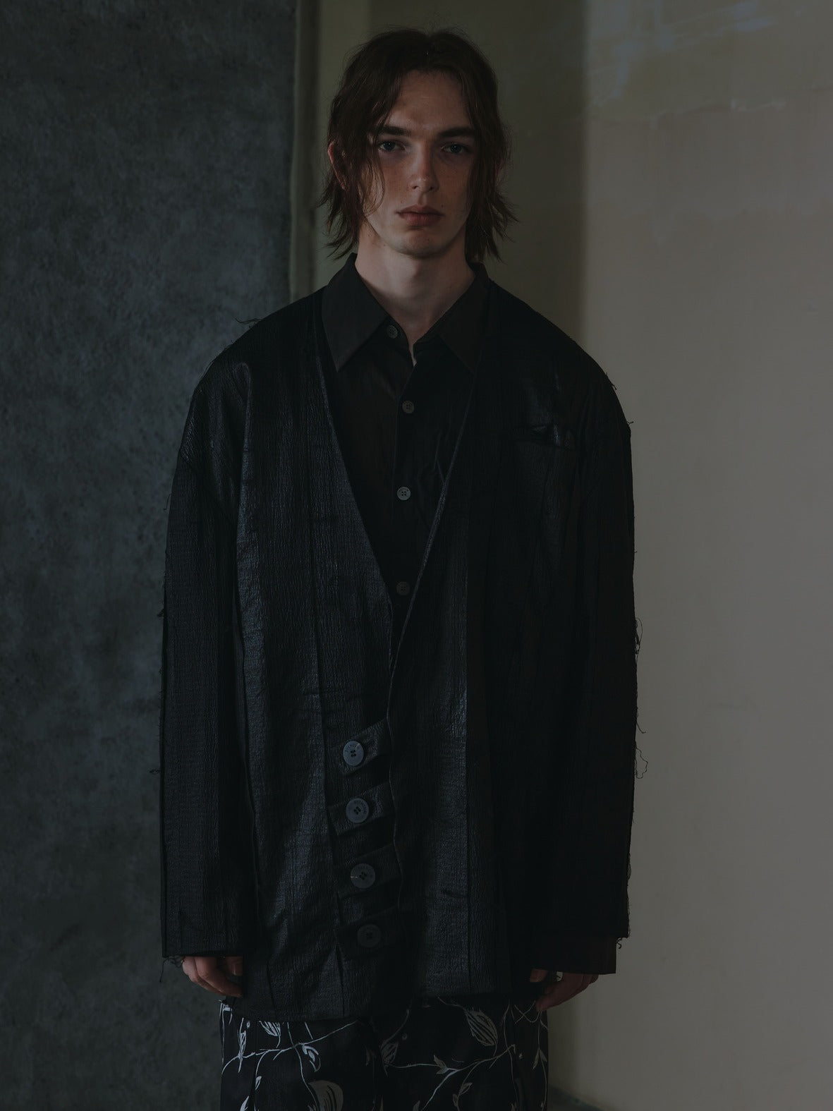 Black Raw Edge Collarless Shirt