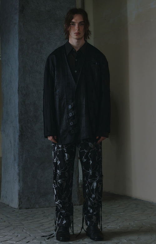 Black Raw Edge Collarless Shirt
