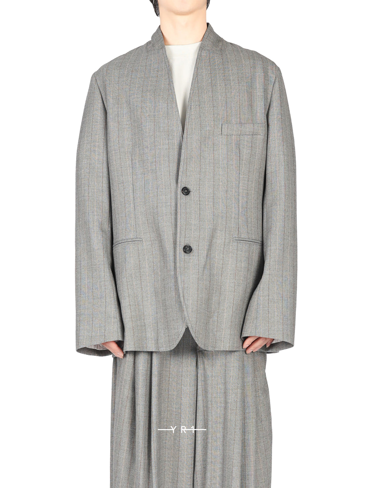 Hed Mayner Grey Striped Herringbone Suit Jacket