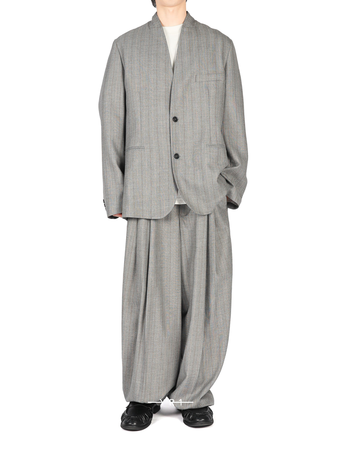 Hed Mayner Grey Striped Herringbone Suit Jacket