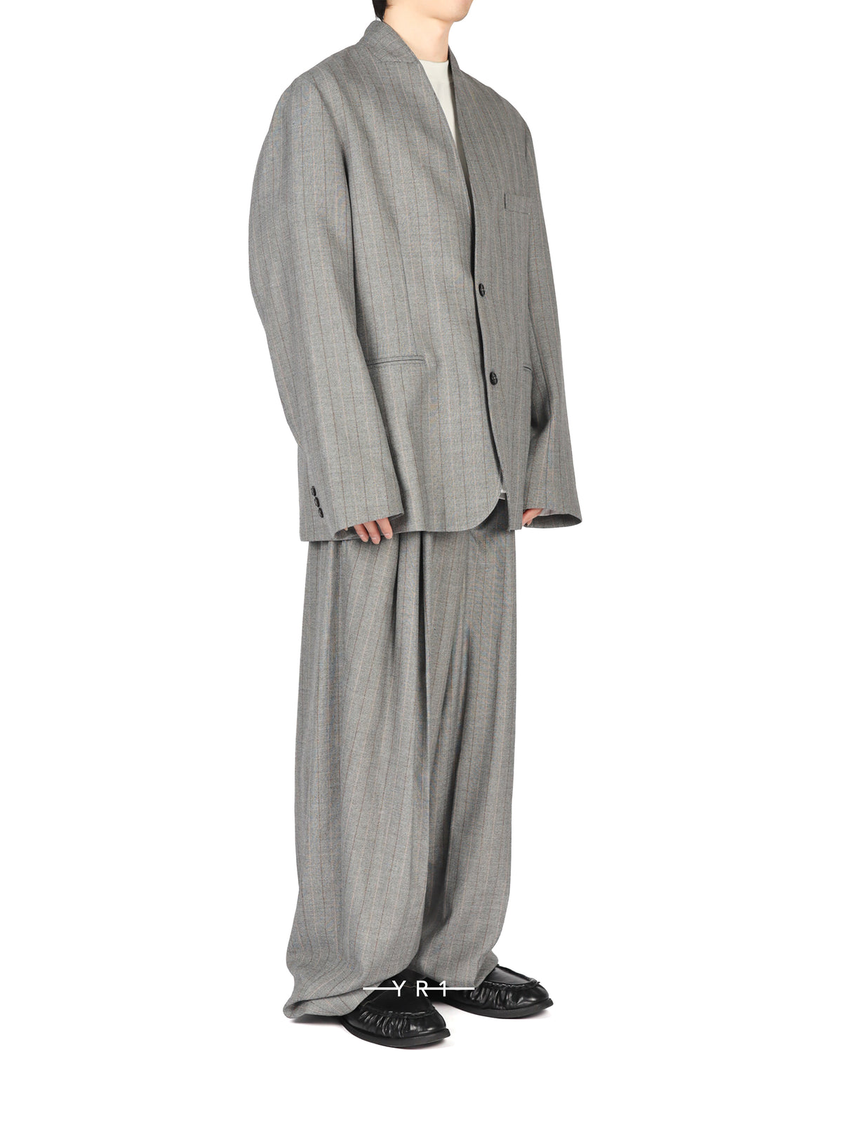Hed Mayner Grey Striped Herringbone Suit Jacket