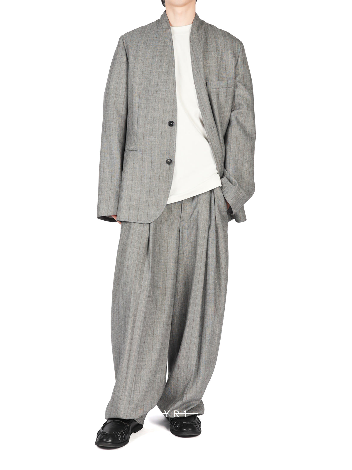 Hed Mayner Grey Striped Herringbone Suit Jacket