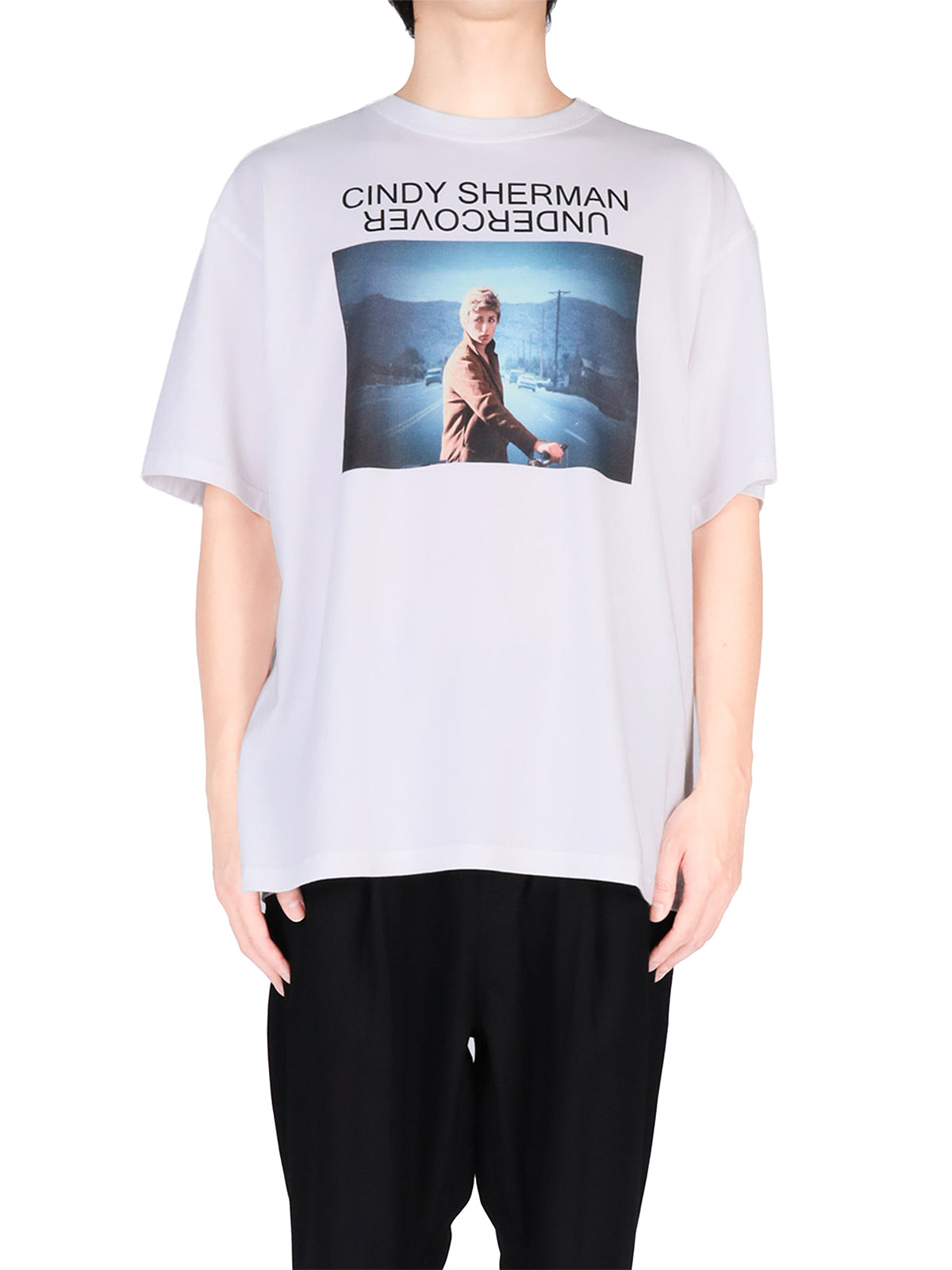 White Short-Sleeve T-shirt with Cindy Sherman Highway Portrait Print-T-Shirt-4814-2