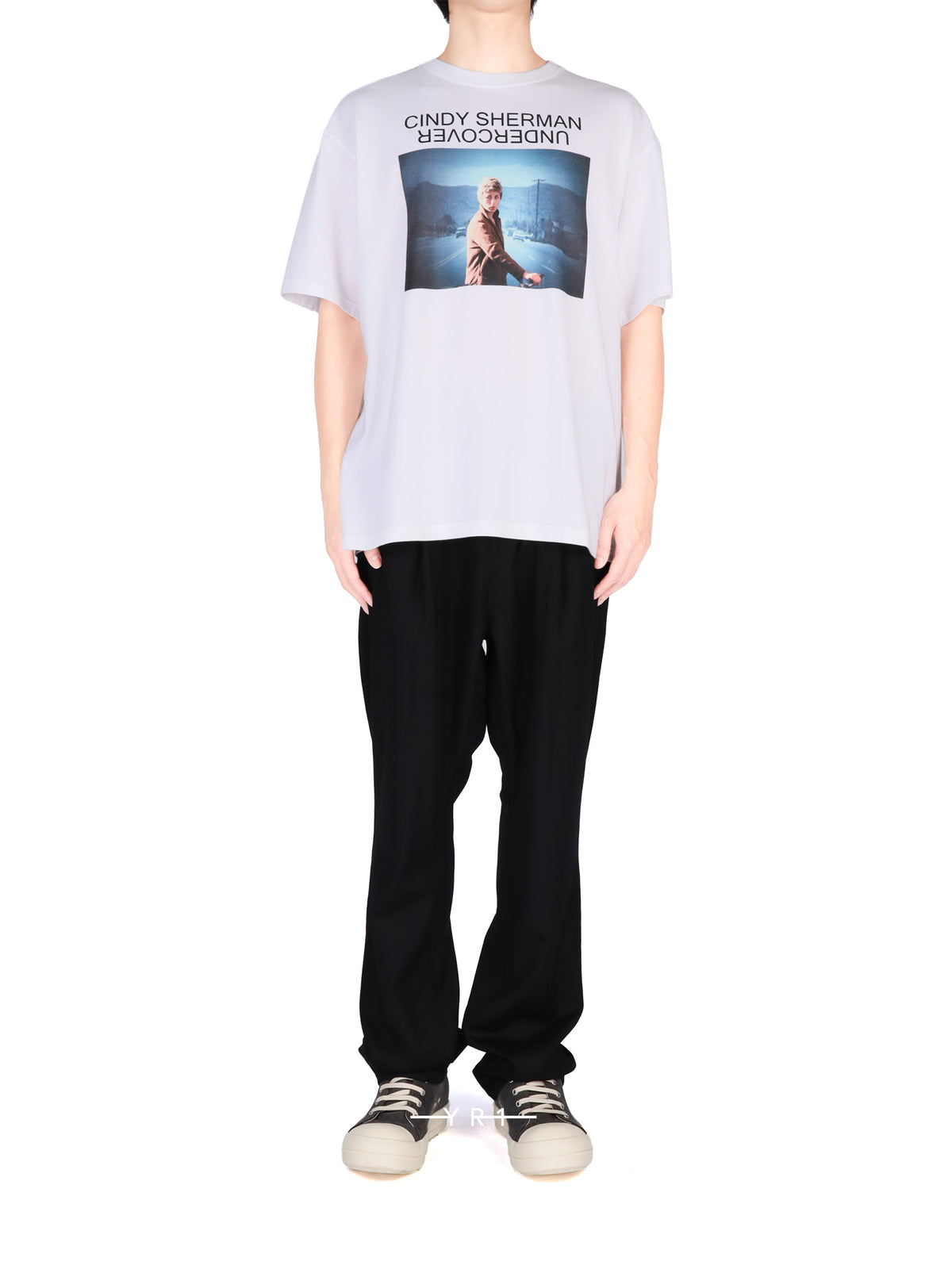 White Short-Sleeve T-shirt with Cindy Sherman Highway Portrait Print-T-Shirt-4814-2