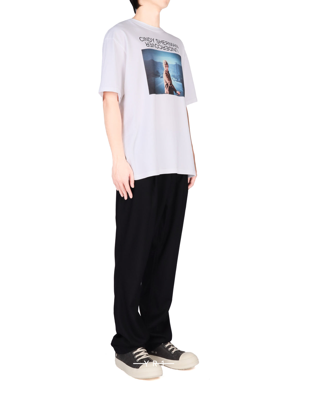 White Short-Sleeve T-shirt with Cindy Sherman Highway Portrait Print-T-Shirt-4814-2