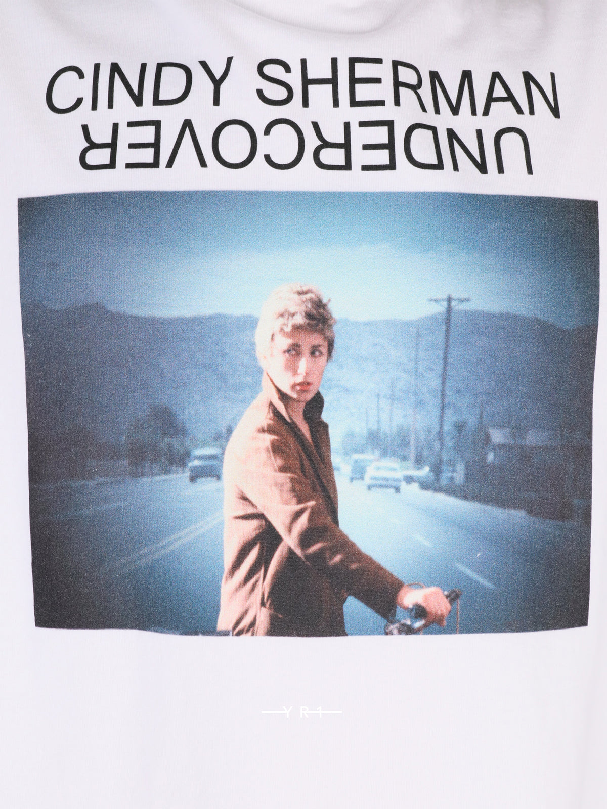 White Short-Sleeve T-shirt with Cindy Sherman Highway Portrait Print-T-Shirt-4814-2